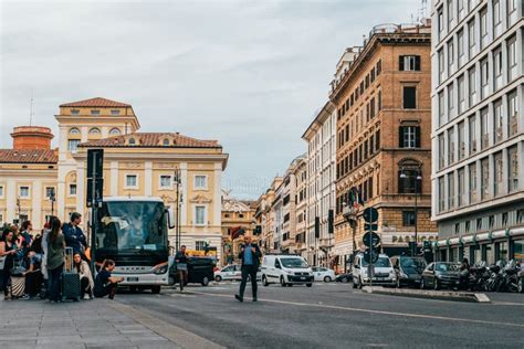 Rome Street with Beautiful Old Italian Houses and Tourists People ...