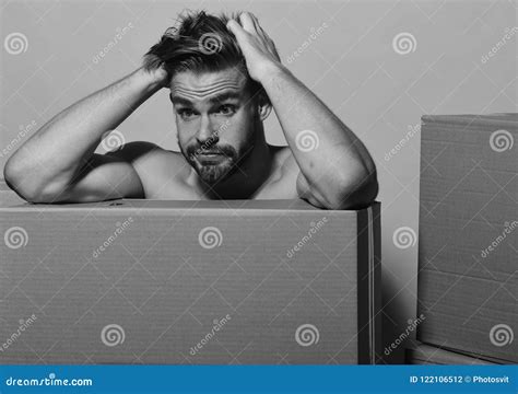 Delivery And Moving In Concept. Guy Hugging Carton And Smiling Stock Image | CartoonDealer.com ...