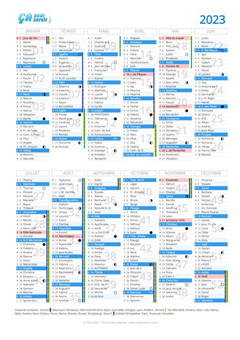 Calendrier 2023 : Vacances, Jours fériés, N° de semaine - Capeutservir.com