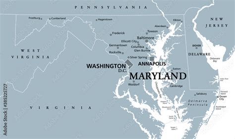 Maryland, MD, gray political map. State in Mid-Atlantic region of United States of America ...