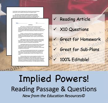 Implied Powers Reading Passage Worksheet & Ten Questions (Editable)