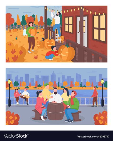 Autumn weekend activity flat color set Royalty Free Vector