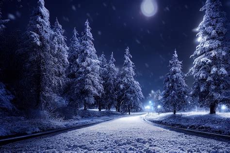 Premium Photo | Landscape of snow storm winter background at night ...