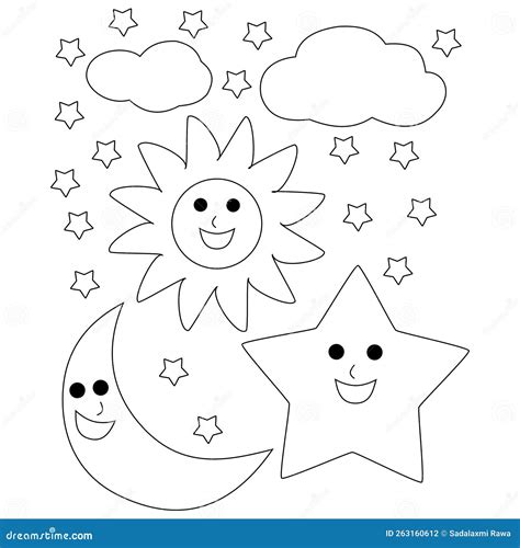 Sun Moon and Stars with Clouds Coloring Page Stock Photo - Illustration ...