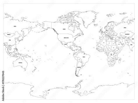 World map country border outline on white background. With country name labels. America centered ...