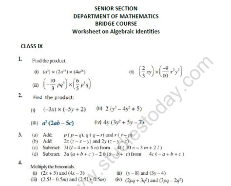 CBSE Class 8 Mathematics Algebraic Identities Bridge Course Worksheet