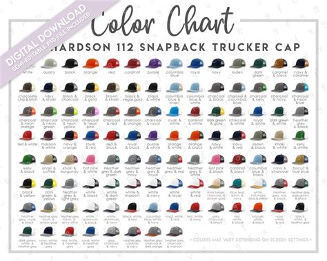 Semi-editable Richardson 112 Color Chart Richardson Snapback Trucker ...