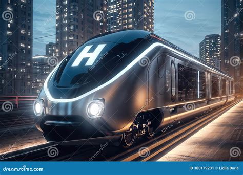 Modern High-speed Hydrogen Train on the Street at Night. 3D Rendering ...