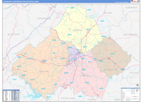 Lynchburg, VA Metro Area Wall Map Color Cast Style by MarketMAPS - MapSales