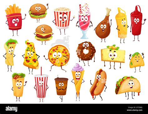 Fast food cartoon characters. Burgers and drinks Stock Vector Image ...