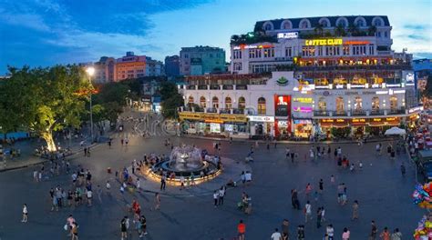 Hanoi City Square with Fountain with People in the Evening Editorial Image - Image of light ...