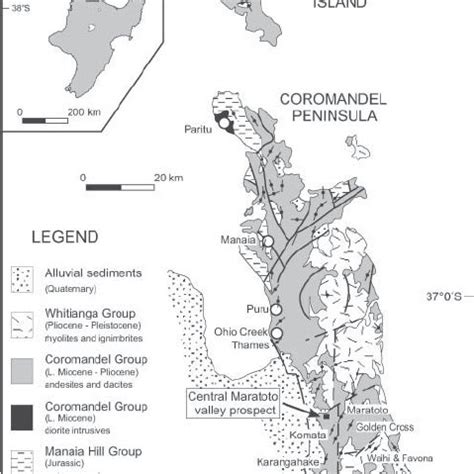 Geologic map of Coromandel Peninsula showing the location of central ...