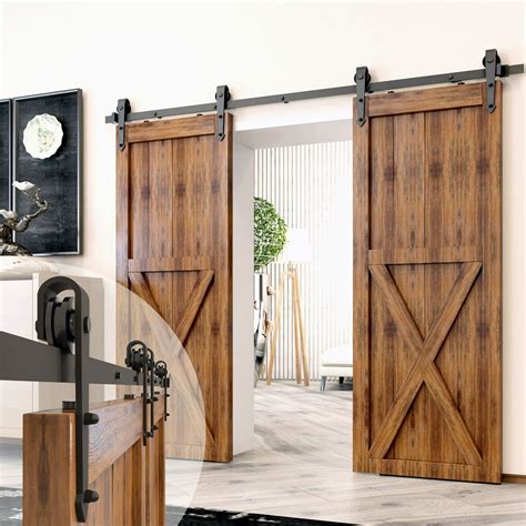 Homacer Black Rustic Sliding Barn Door Hardware Kit, for Two/Double Doors, 5.5ft Long Flat Track ...