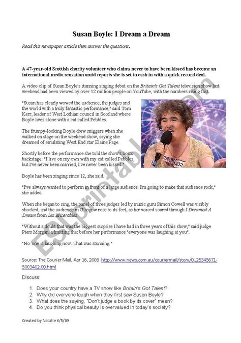 Susan Boyle: I Dreamed a Dream Gapfill - ESL worksheet by Nat01