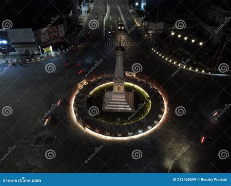 Aerial View of Tugu Jogja or Yogyakarta Monument, Indonesia at Night. Yogyakarta, Indonesia ...