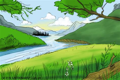 Peaceful Mountain Brook Landscape Cartoon