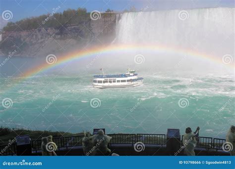 Tourists Watch Niagara Falls Tour Boat Under a Full Rainbow Editorial Photo - Image of ...