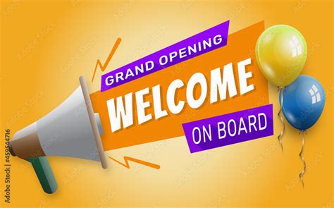 Welcome on board Banner with megaphone. Grand opening banner template. Stock Vector | Adobe Stock