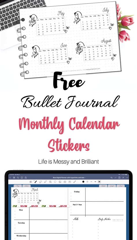 Monthly Calendar Planner Stickers - Bullet Journal Month Calendar Stickers