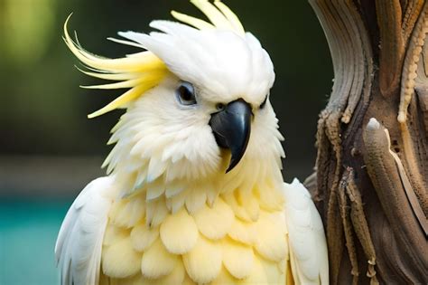 Premium Photo | A cockatoo with yellow feathers sits on a wooden post.