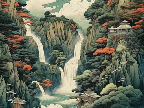 Premium AI Image | A painting of a waterfall in a japanese landscape