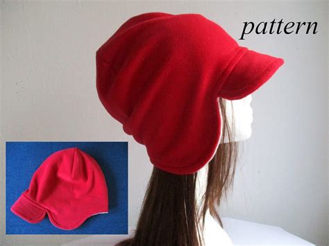 winter reversible earflap fleece beanie, double layer slouchy hat, pdf sewing pattern and photo ...