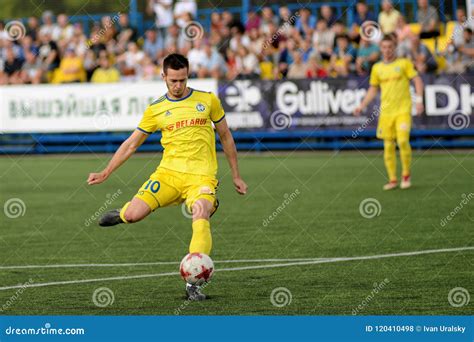 MINSK, BELARUS - JUNE 29, 2018:soccer Player Scores a Goal during the ...