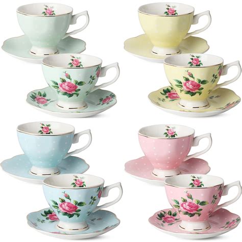 BTaT- Floral Tea Cups and Saucers, Set of 8 (8 oz) Multi-color with ...