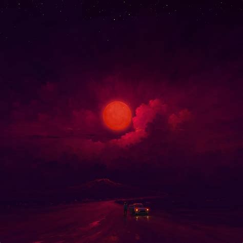 Digital Painting, Red Moon, Night, Sky, Clouds Full HD Wallpaper