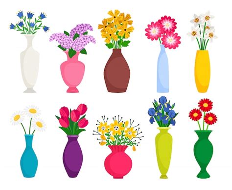 Premium Vector | Set of colored vases with blooming flowers for ...