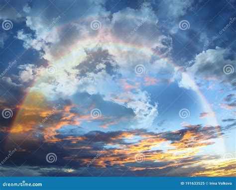 Rainbow Sunset Blue Yellow Pink Sky Fluffy Clouds and Sunlight Beams Skyline Nature Landscape ...