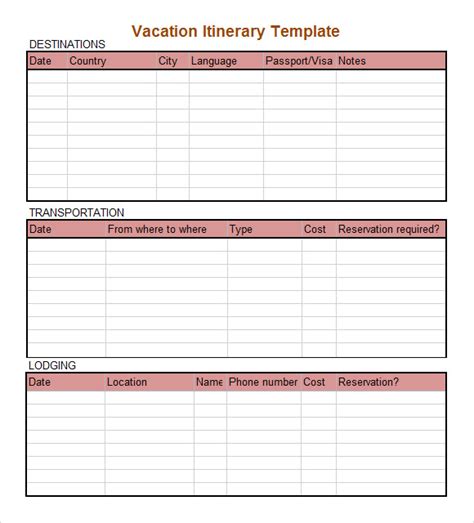 Vacation Itinerary Template Word