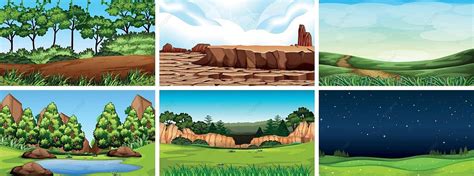 Natural Environment Lanscape Scene River Drawing Outdoors Vector, River ...