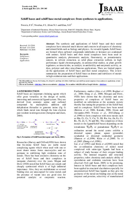 (PDF) Schiff bases and schiff base metal complexes: from syntheses to applications.