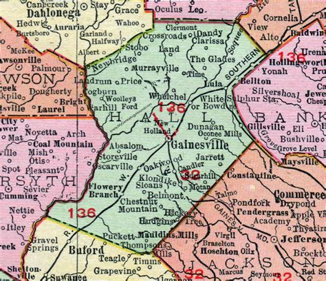 Hall County, Georgia, 1911, Map, Rand McNally, Gainesville, Flowery Branch, Oakwood