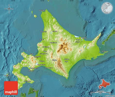 Physical Map of Hokkaido, satellite outside