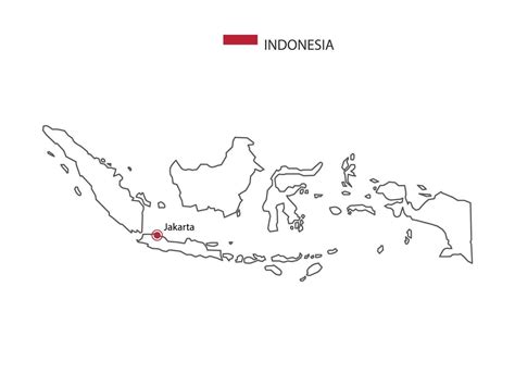 Hand draw thin black line vector of Indonesia Map with capital city Jakarta on white background ...