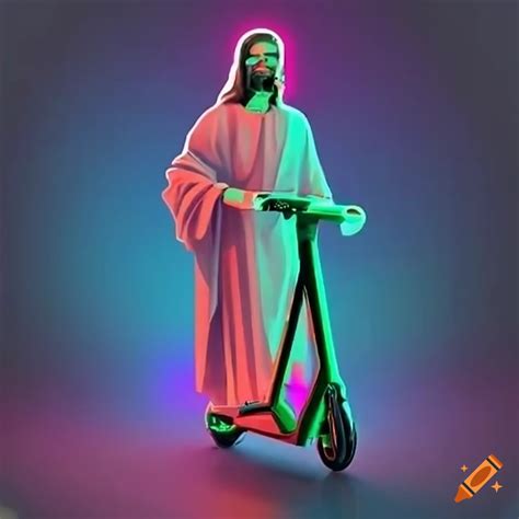 Sci-fi art of jesus on a neon scooter