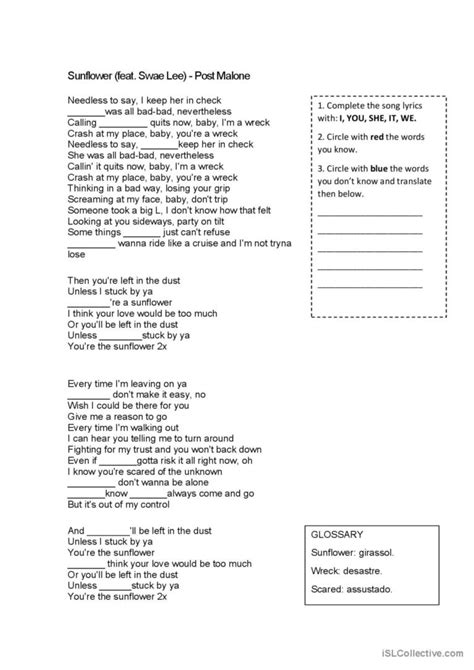 Sunflower - Post Malone - Subject (p…: English ESL worksheets pdf & doc