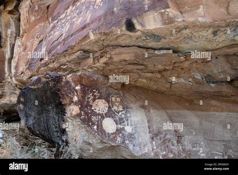 Side view of the Great Hunt Panel, an ancient Native American petroglyph, in Nine Mile Canyon ...