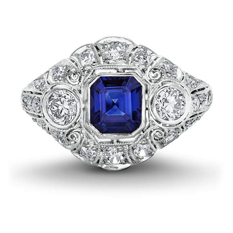 Vintage Asscher Cut Sapphire Ring - Antique Sapphire and Diamond Ring