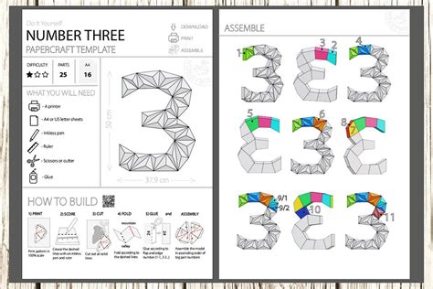 Number Three, height 50cm, 3D Papercraft template - HOBBYMO