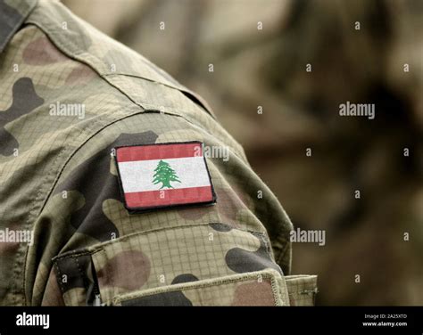 Flag of Lebanon on military uniform (collage Stock Photo - Alamy