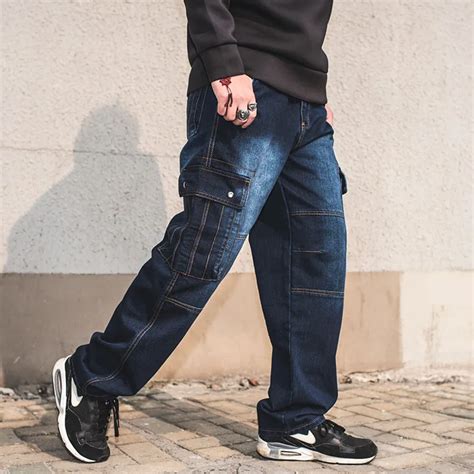 Mens Jeans Plus Size 30 46 Denim Cargo Pants Men's Straight Jean Pants Casual Relax Loose Fit ...