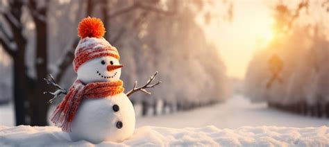 Premium AI Image | a snowman in winter with sunrise in sunshine