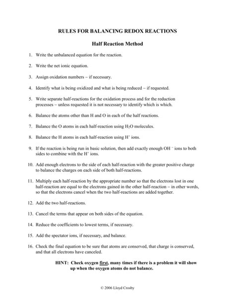 Rules for Balancing Redox Reactions