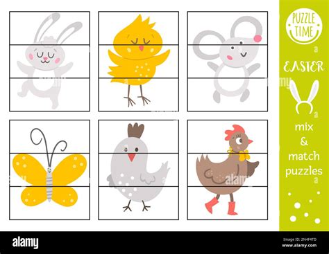 Vector Easter mix and match puzzle with traditional holiday characters. Spring cut out matching ...