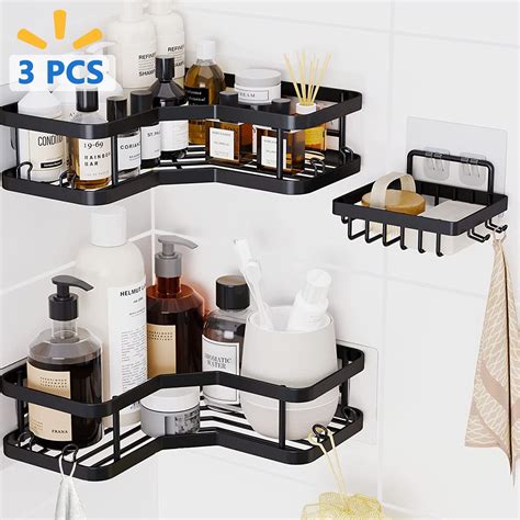 PHANCIR 3 PCS Corner Shower Caddy, 2 Tier, Self-Adhesive, No Drilling, Rustproof Steel, Black ...