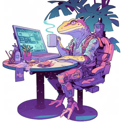 Premium Photo | A cartoon frog sitting at a table with a laptop and a cup of coffee generative ai
