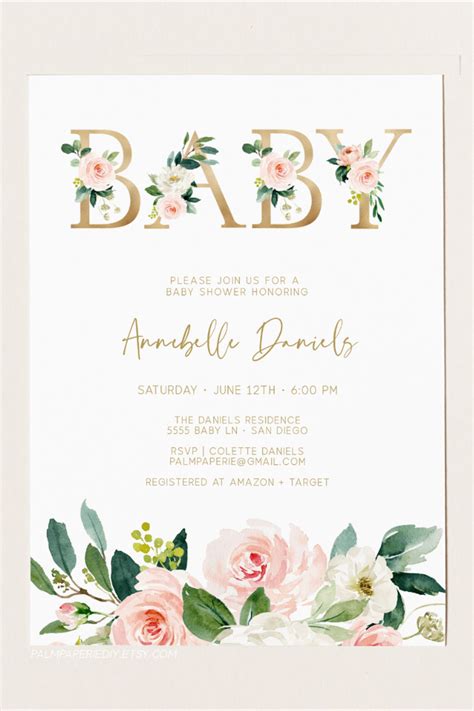 Girl Baby Shower Invitation, Spring, Instant download, Blush Gold, Floral Invites, Editable ...